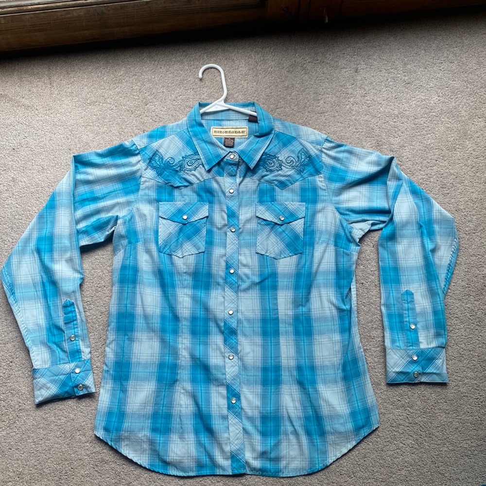 Blue plaid pearl snap button down rodeo shirt